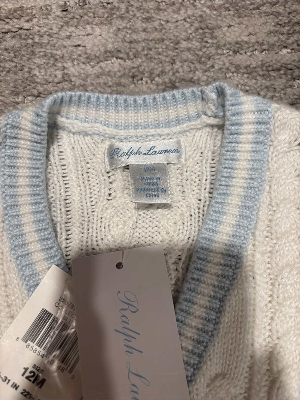 Ralph Lauren Cream Cable-Knit Cardigan with Light Blue Trim size 12 m - Picture 3 of 4